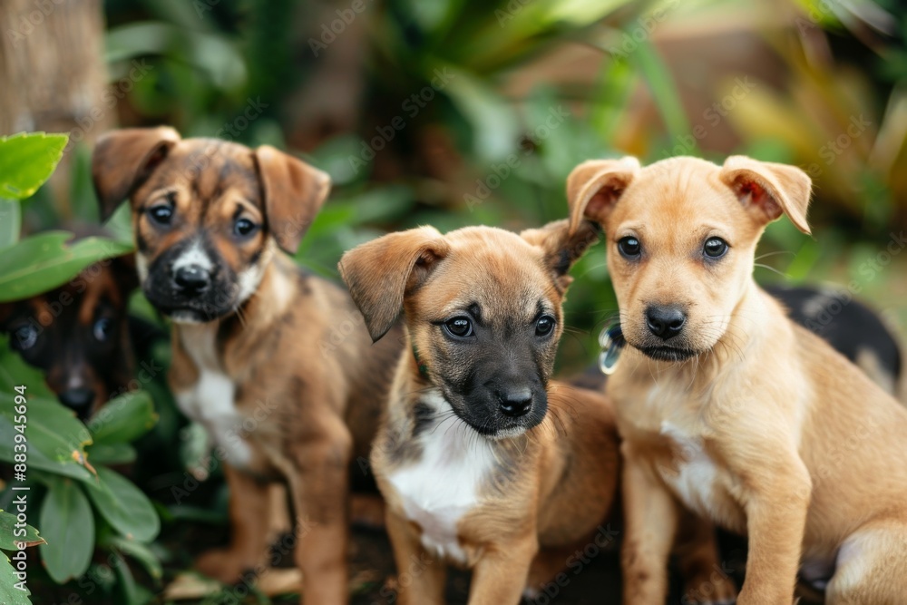 Three Adorable Puppies Posing In A Lush Garden Three Adorable Puppies Posing In A Lush Garden