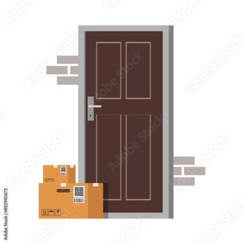 Delivery boxes at the door Contactless delivery concept. Boxes of purchases stand at the door. Delivery concept. Non-contact express delivery service vector illustration