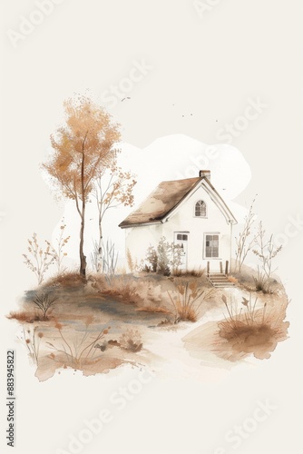 CLIPART watercolor cottage nestled isolated on white background, very simple 2D Doodle, airy pastel color palete, muted tones, soft and hazy brush strokes, nursery illustration, charming and jentle fe photo