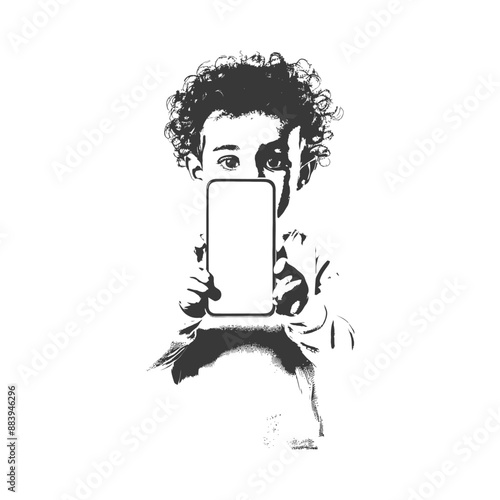 Child holding a smartphone with a blank screen