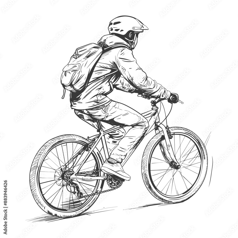 Naklejka premium Mountain biker rides through the countryside on a dirt trail