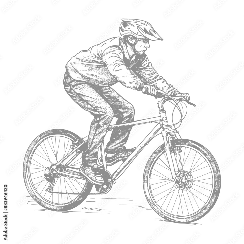 Naklejka premium Mountain biker rides through the countryside on a rugged trail