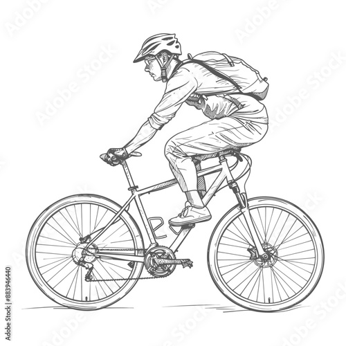 Cyclist in motion wearing a helmet and backpack rides a mountain bike