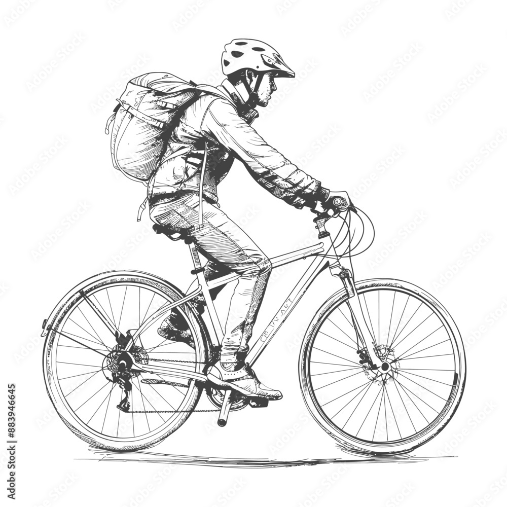 Naklejka premium Cyclist in protective gear rides bicycle with backpack