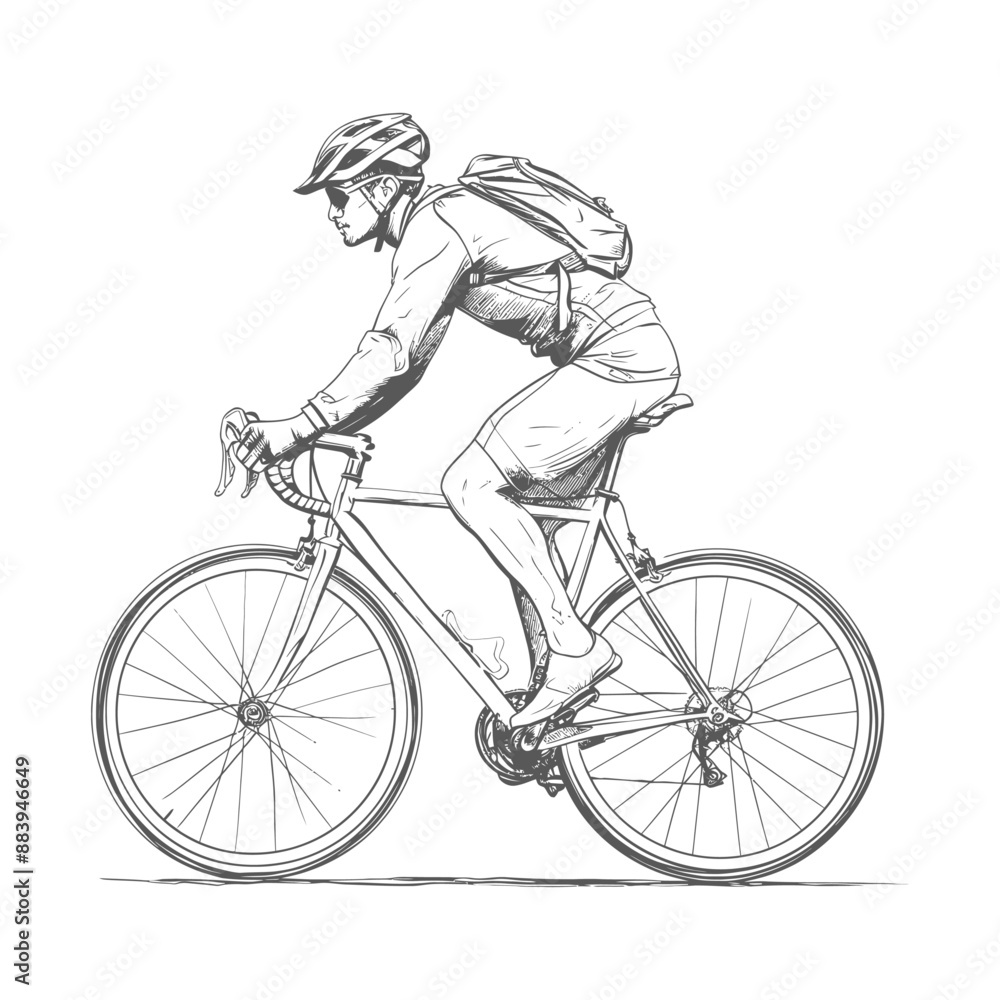 Obraz premium Cyclist in motion wearing helmet and backpack rides road bike
