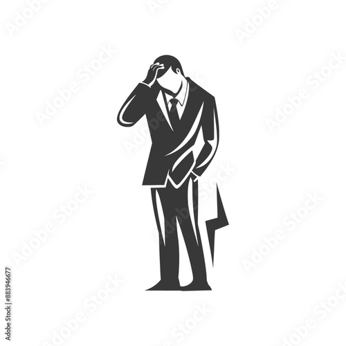 Businessman in suit deep in thought with hand on head