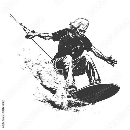 Elderly man wakeboarding creates impressive spray