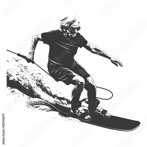 Elderly man wakeboarding on a surfboard holding a rope with a determined look