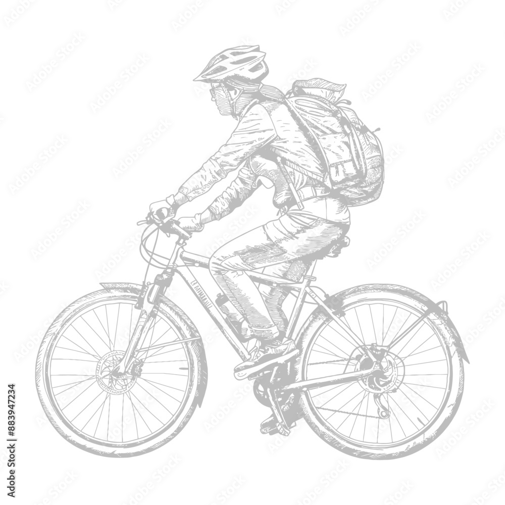 Naklejka premium Mountain biker with a backpack rides along a trail