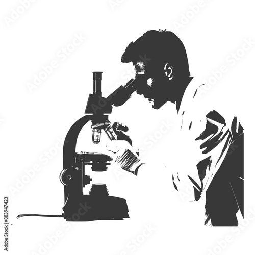 Silhouette of a Scientist Looking into a Microscope in a Laboratory