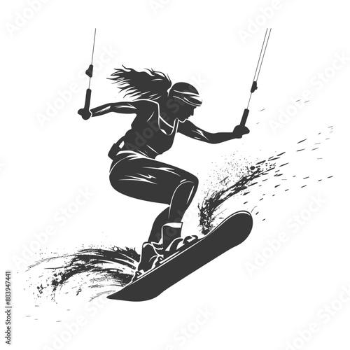 Wakeboarding silhouette of a female rider catching big air