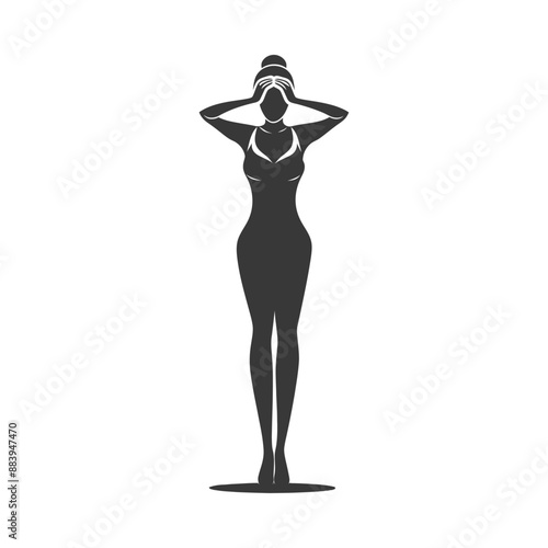 Woman in swimsuit holding her head in disbelief