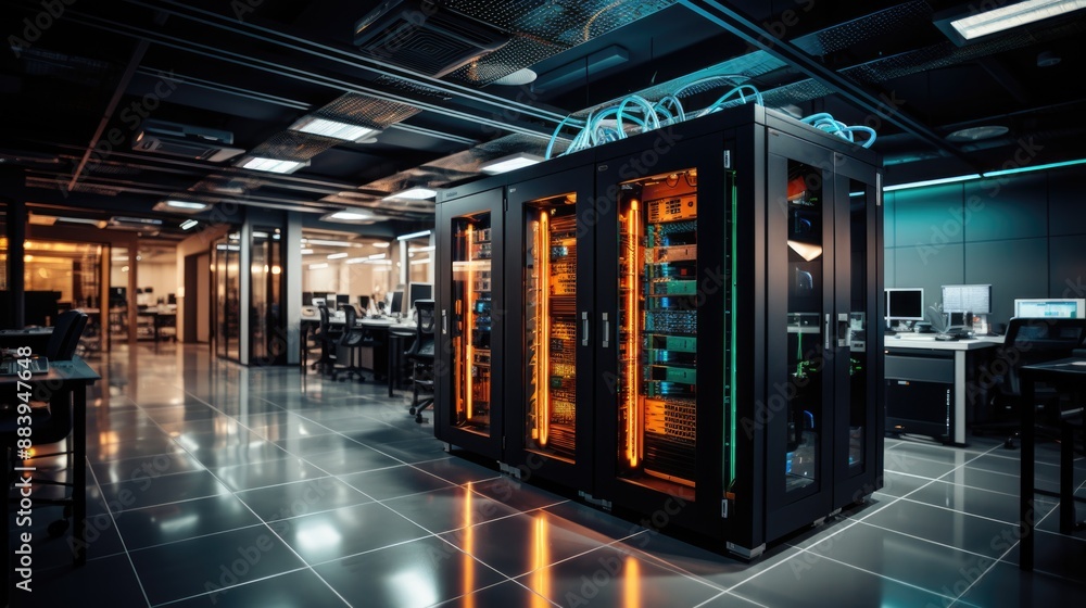State-of-the-Art IT Office with Server Racks, Network Cables, and Advanced Equipment State-of-the-Art IT Office with Server Racks, Network Cables, and Advanced Equipment