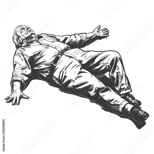 Distressed Elderly Man, Supine, Ink Sketch Illustration