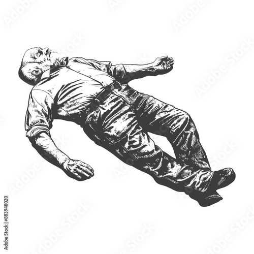 Monochromatic Illustration: Recumbent Elderly Man in Casual Attire