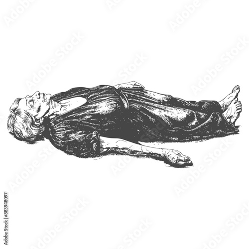 Recumbent Elderly Woman, Ink Sketch, Peaceful Pose, Grounded