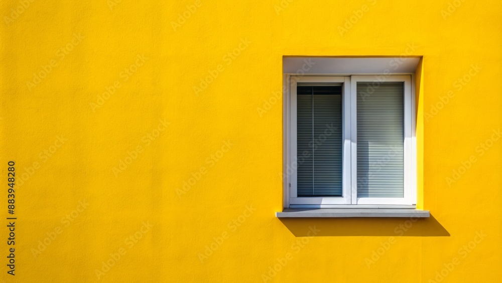 Bright yellow wall with a white window frame, subtle shadows, and a hint of modern minimalist architecture in the background. Bright yellow wall with a white window frame, subtle shadows, and a hint of modern minimalist architecture in the background.