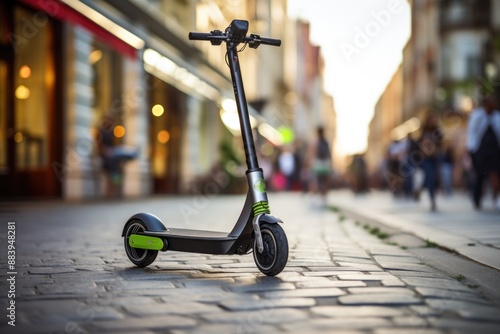 Eco-Friendly Urban Commuting: Close-Up of Green Electric Scooter Parked on City Street