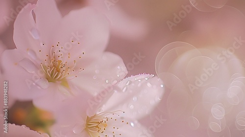 K??higanzakura (small-flowered cherry blossom) in bloom, soft light pink blur background, raindrops adding a subtle sheen, elegant and delicate. photo