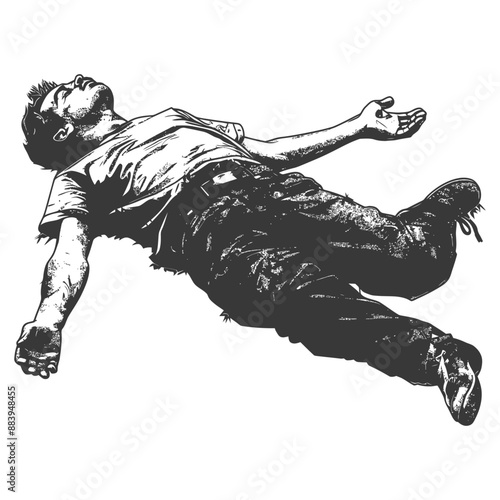 Monochrome Illustration: Fallen Man, Expressive Pose, Textured Clothing