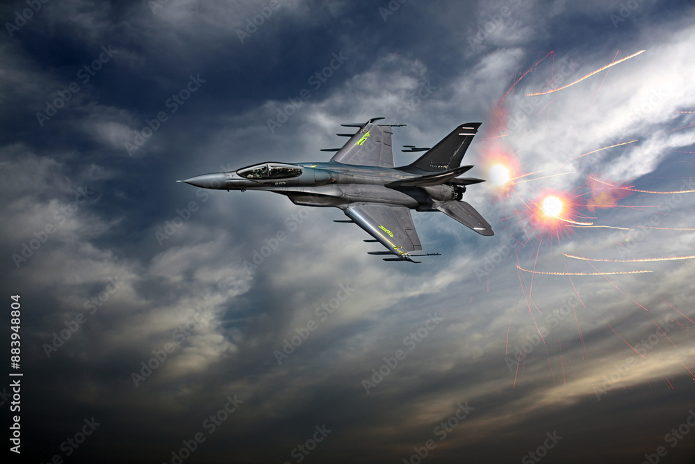 A fighter aircraft deploying flares to misguide an enemy missile.