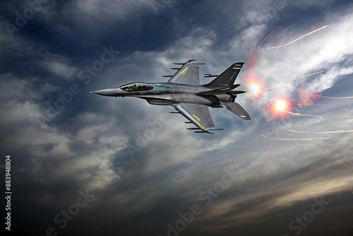 Obraz na płótnie A fighter aircraft deploying flares to misguide an enemy missile.
w salonie