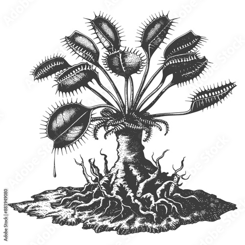 Vintage Engraving: Carnivorous Venus Flytrap Botanical Illustration