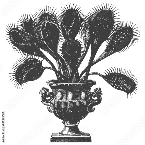 Vintage Engraving: Venus Flytrap in Ornate Urn