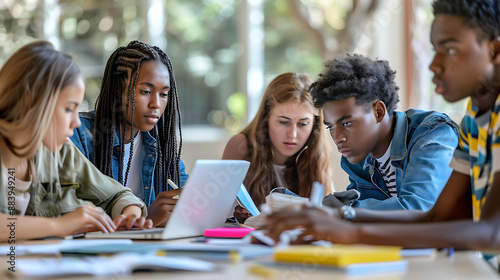 Group of diverse students working together around a table with laptops and notebooks, brainstorming ideas and solving problems in a bright, modern classroom