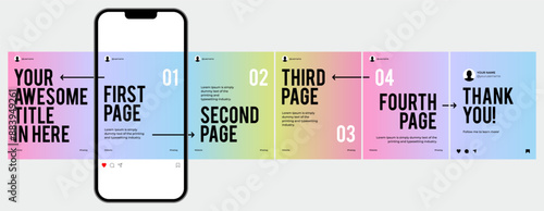Microblog or carousel post template design for social media. Six page in portrait frame, seamless, minimalist style with pastel colors gradient theme.