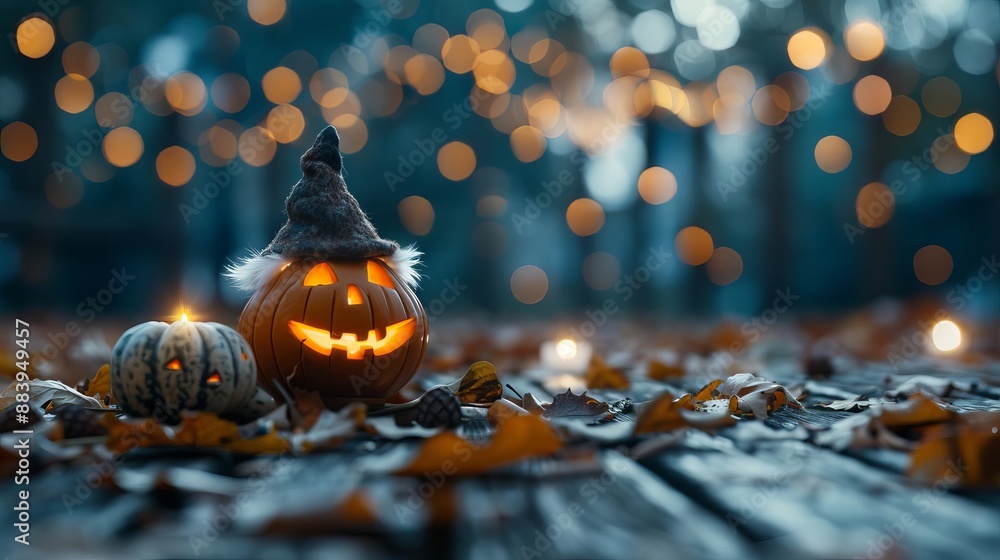 Fototapeta premium Carved pumpkin with witch hat and glowing lights on autumn leaves, creating a spooky Halloween atmosphere on a wooden deck.