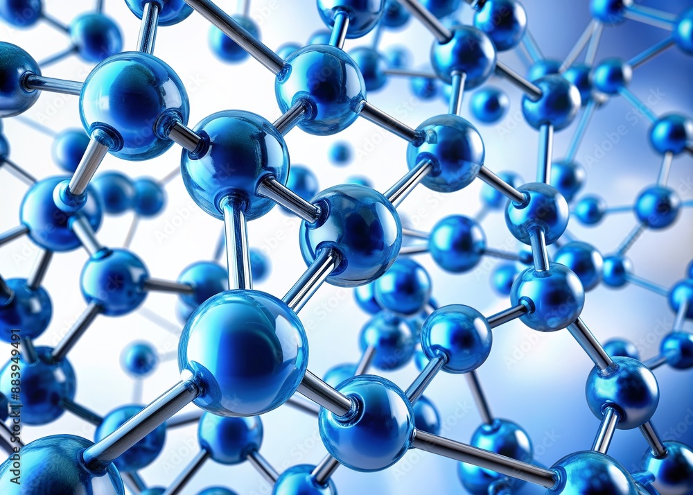 Blue molecular structure with interconnected atoms forms an abstract network, resembling a futuristic medical diagram, set against a bright white background, 3D illustration style. Blue molecular structure with interconnected atoms forms an abstract network, resembling a futuristic medical diagram, set against a bright white background, 3D illustration style.