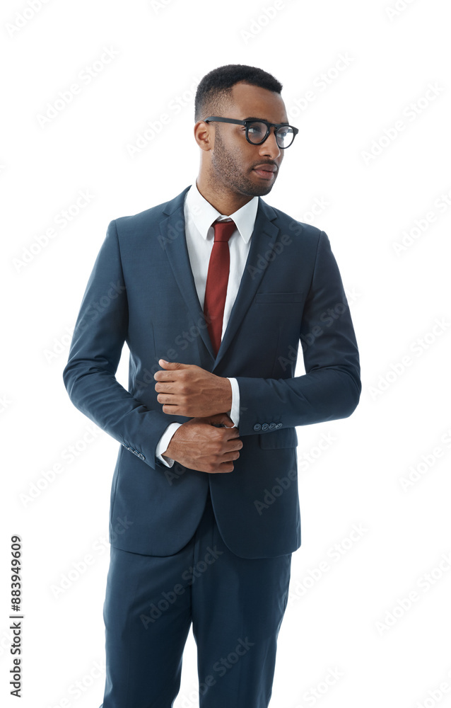 Business, thinking and black man with glasses, ideas and model isolated on white studio background. African person, employee and financial consultant with eyewear, decision and choice with solution Business, thinking and black man with glasses, ideas and model isolated on white studio background. African person, employee and financial consultant with eyewear, decision and choice with solution