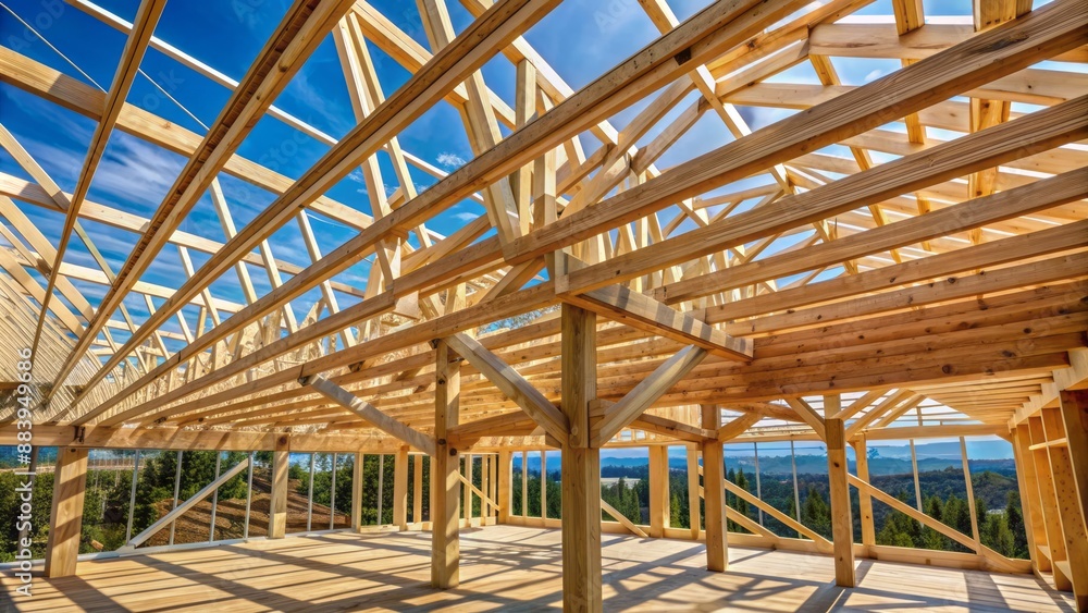 Newly constructed wooden roof beams using truss frames with neatly arranged beams, rafters, and joists in a modern building structure. Newly constructed wooden roof beams using truss frames with neatly arranged beams, rafters, and joists in a modern building structure.