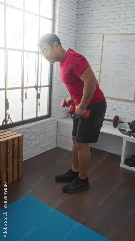 A young, handsome chinese man works out at a gym holding dumbbells while standing on a blue exercise mat in an indoor sport center with equipment and windows.