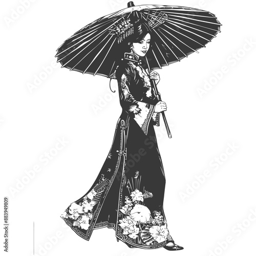 Elegant Woman in Traditional Dress with Parasol, Monochrome Illustration