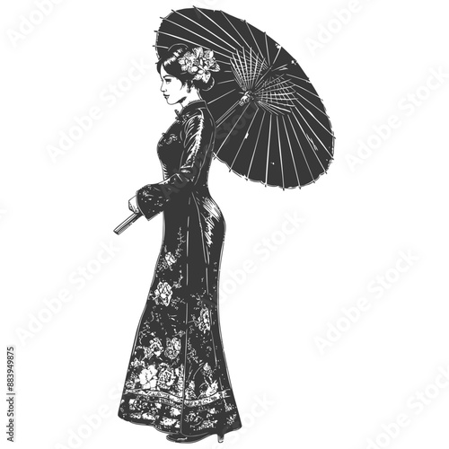 Ornate illustration of a graceful woman in a cheongsam holding a parasol