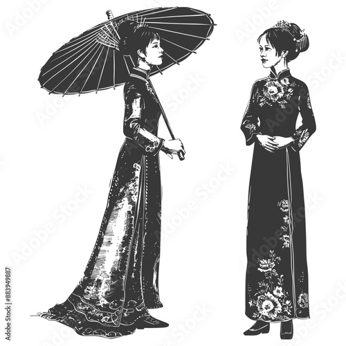 Two elegant ladies in traditional chinese dresses with floral patterns