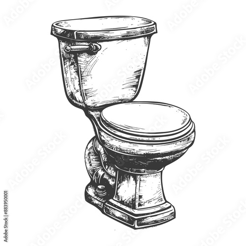 Detailed sketch of a vintage toilet bowl with a wooden seat