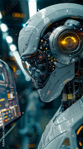 Robot AI working on the computer, The Ai Robot Looking in fron of him a digital screen transparent view of technology hud, Focus on face of Ai Roboto, Background Data control Center