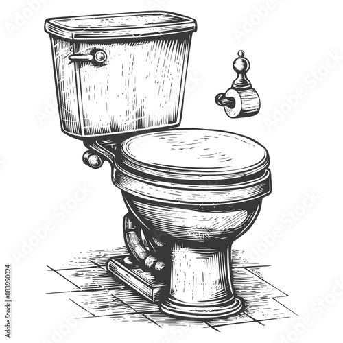 Detailed Ink Sketch of a Classic Toilet with a Luxurious Flush Handle