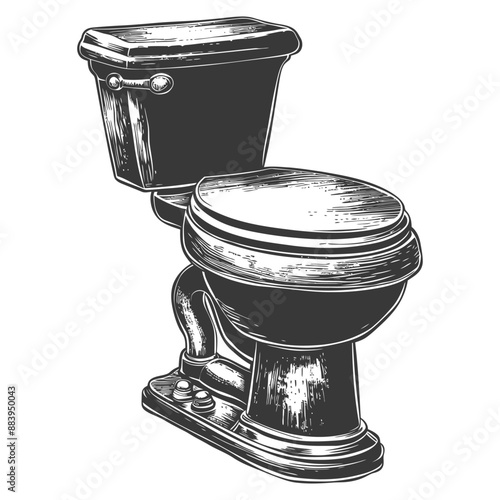 Detailed ink sketch of a vintage toilet bowl with a wooden seat