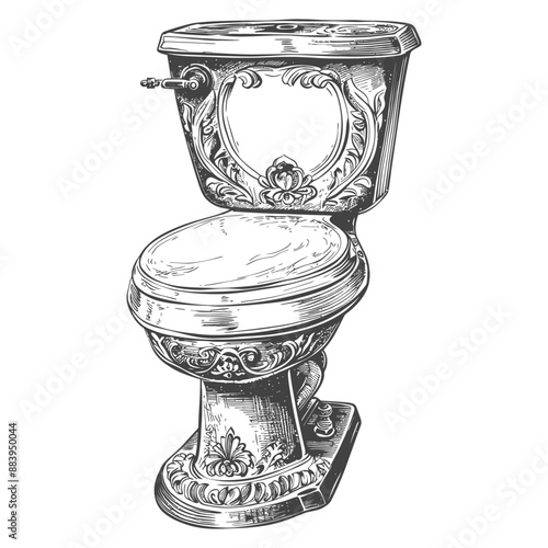 Ornate porcelain toilet illustration with intricate floral engravings