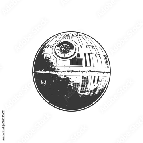 Scifi spherical space station illustration in black and white