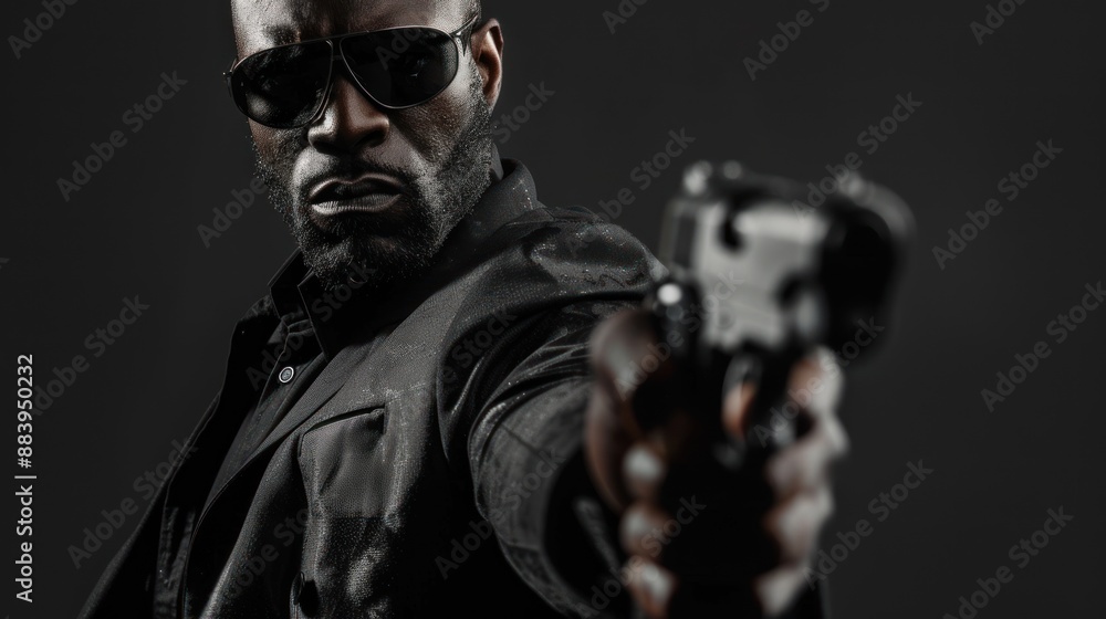 A man is holding a gun and wearing sunglasses A man is holding a gun and wearing sunglasses