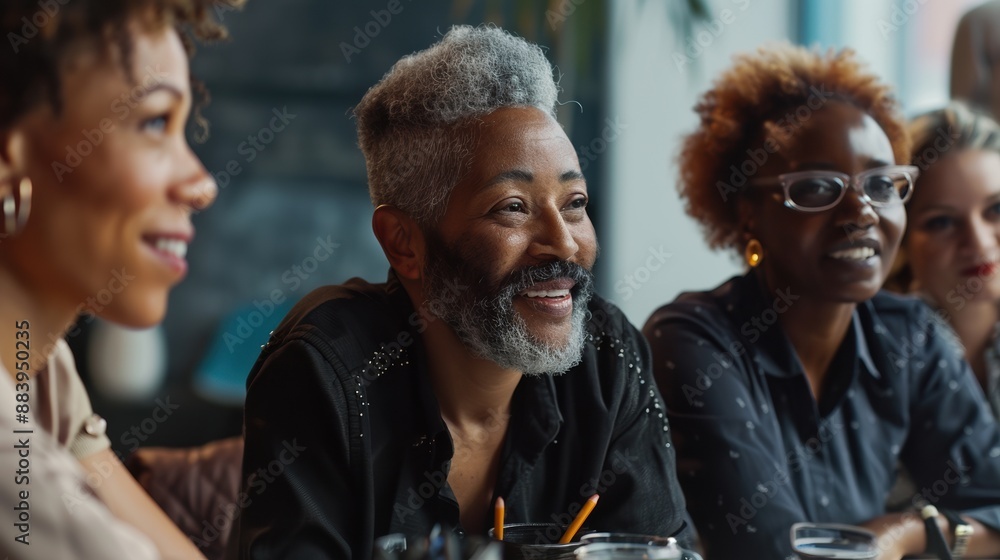 Obraz premium A group of people are sitting around a table, smiling and laughing