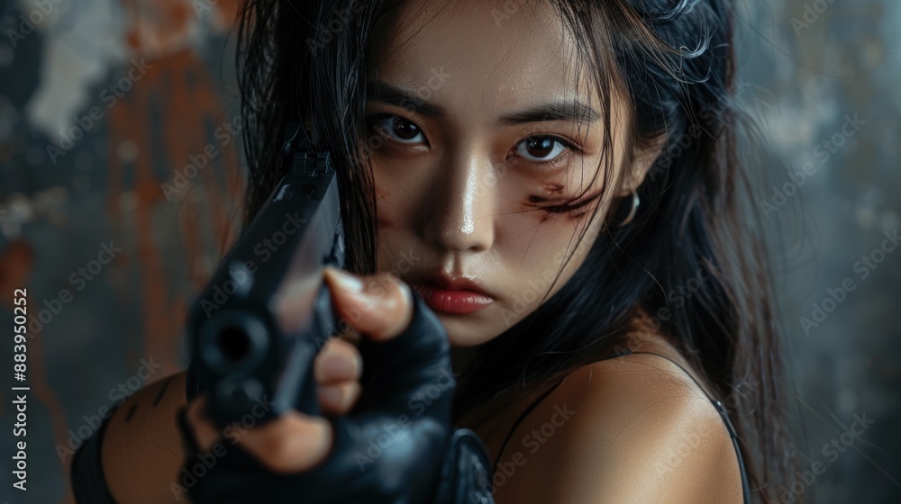 A woman is holding a gun and looking at the camera A woman is holding a gun and looking at the camera