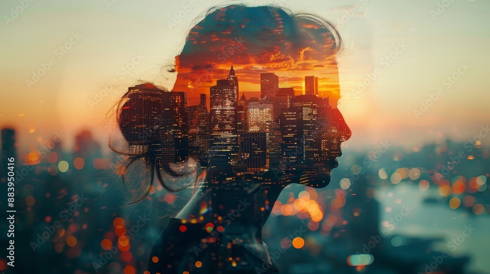 Obraz premium Double exposure of a woman's silhouette combined with a vibrant cityscape during sunset, showcasing urban life and human connection.