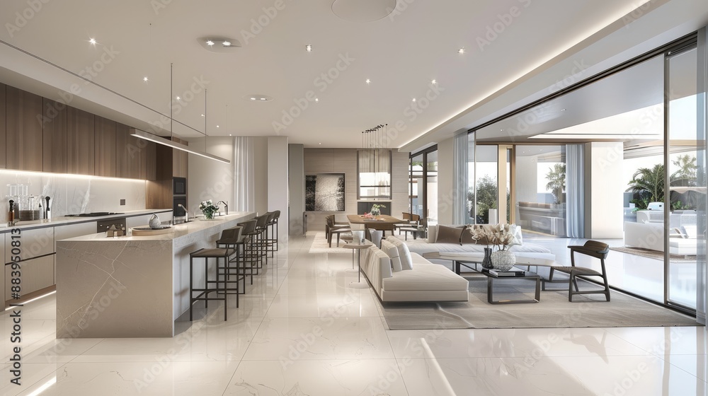 A sleek open-plan kitchen and living area with a large island A sleek open-plan kitchen and living area with a large island