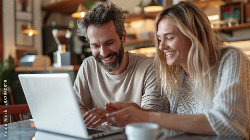 A man and woman are sitting at a table looking at a laptop A man and woman are sitting at a table looking at a laptop